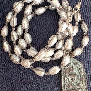 Boho Freshwater Pearl & Patina Pendant Necklace